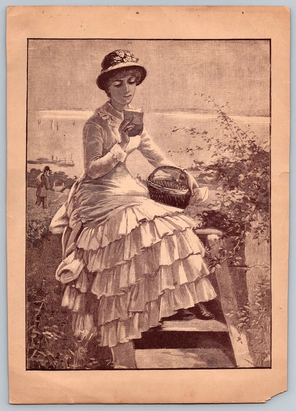 Antique c1880s The Morning Post News From Town Book Plate Art Print Woman Readin